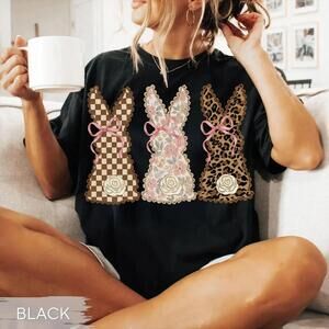 Coquette Easter Bow Shirt, Spring Floral Easter Doodles Tee, Girly Leopard